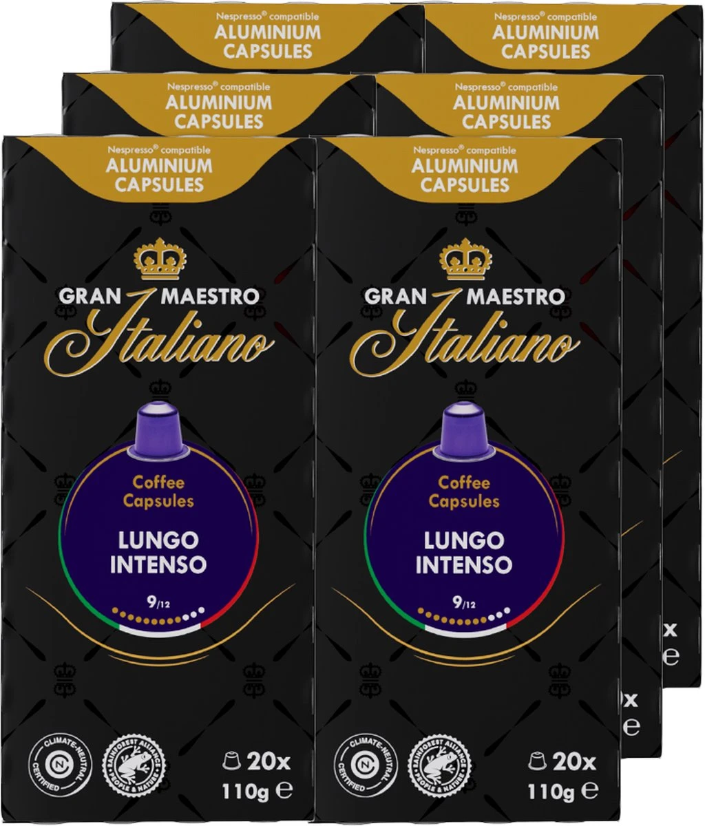 Gran Maestro Italiano - Lungo Intenso - Koffiecups - Nespresso Compatibel Capsules - Krachtige Smaak - 6 X 20 Cups 3 Gran Maestro Italiano - Lungo Intenso - Koffiecups - Nespresso Compatibel Capsules - Krachtige Smaak - 6 X 20 Cups