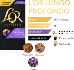 L'OR Lungo Profondo Koffiecups - Intensiteit 8/12 - 10 X 10 Capsules -Koffie Kortings Winkel 1200x1140