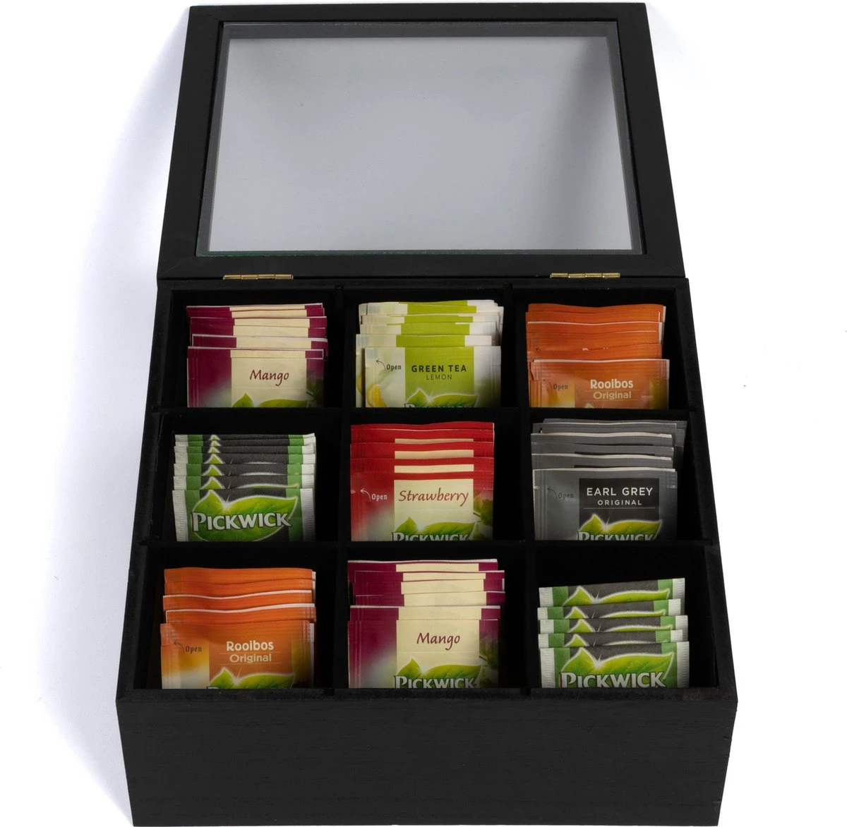 Theedoos Zwart 9-vaks - Met Fluweel - 23 X 23 Cm 4 Theedoos Zwart 9-vaks - Met Fluweel - 23 X 23 Cm - Afbeelding 2