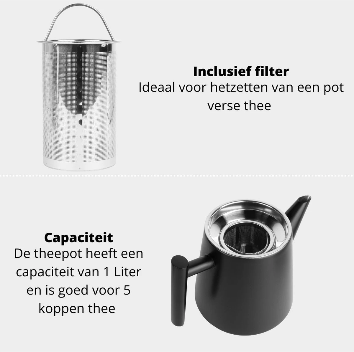 Castagnola Theepot Met Filter – Theekan – Theepot Dubbelwandig – Theepot Roestvrijstaal – Hoogwaardig RVS – 1 Liter – 5 Kopjes Thee – Zwart 8 Castagnola Theepot Met Filter – Theekan – Theepot Dubbelwandig – Theepot Roestvrijstaal – Hoogwaardig RVS – 1 Liter – 5 Kopjes Thee – Zwart - Afbeelding 6