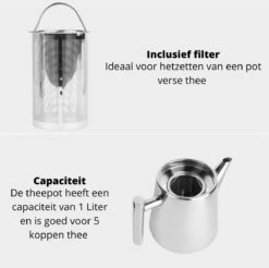 Castagnola Theepot Met Filter – Theekan – Theepot Dubbelwandig – Theepot Roestvrijstaal – Hoogwaardig RVS – 1 Liter – 5 Kopjes Thee – Zilver Glans 13 Castagnola Theepot Met Filter – Theekan – Theepot Dubbelwandig – Theepot Roestvrijstaal – Hoogwaardig RVS – 1 Liter – 5 Kopjes Thee – Zilver Glans -Koffie Kortings Winkel 1200x1195 6