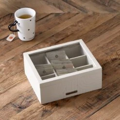 Riviera Maison Theedoos 6 Vakjes, Transparante Deksel - Room 48 Tea Box - Grijs - MDF, Glas -Koffie Kortings Winkel 1200x1200 324
