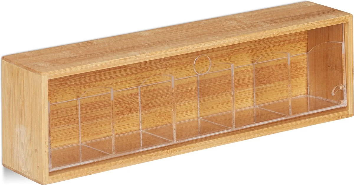 Relaxdays Theedoos 5 Vaks - Theekist - Theezakjeshouder - Bamboe - Voor Ca. 10 Theezakjes 13 Relaxdays Theedoos 5 Vaks - Theekist - Theezakjeshouder - Bamboe - Voor Ca. 10 Theezakjes - Afbeelding 11