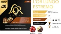 L'OR Lungo Estremo (10) - 10 X 20 Koffiecups -Koffie Kortings Winkel 1200x678 1