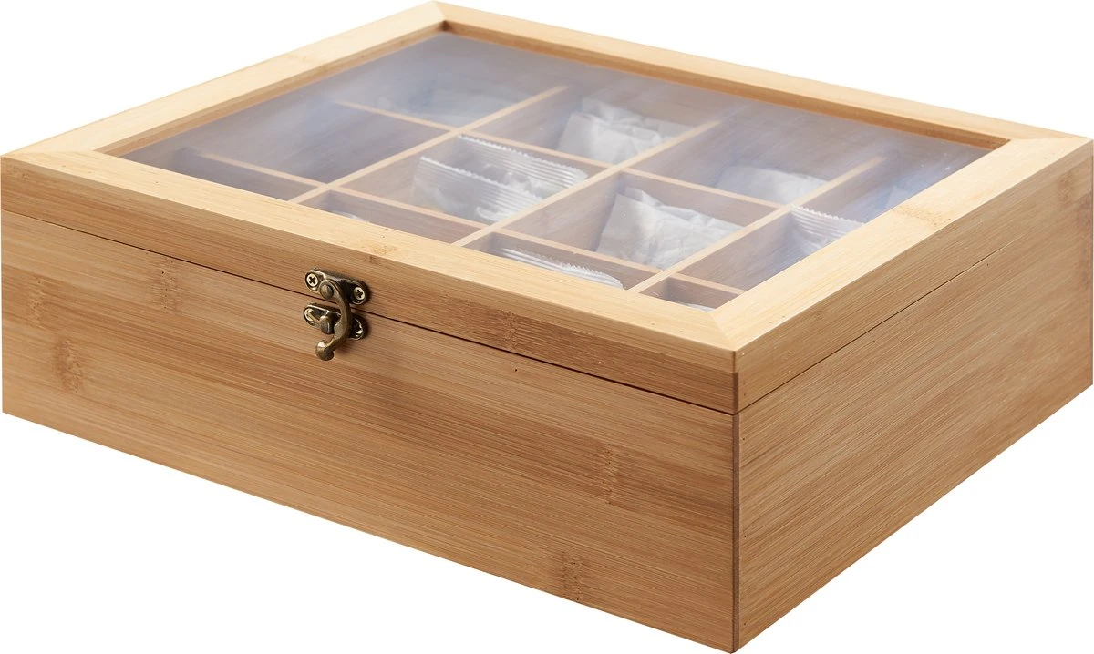 ACAZA Theedoos Voor Thee Zakjes - Theeopbergdoos Met Transparant Deksel - 12 Vakken - Bamboe Hout