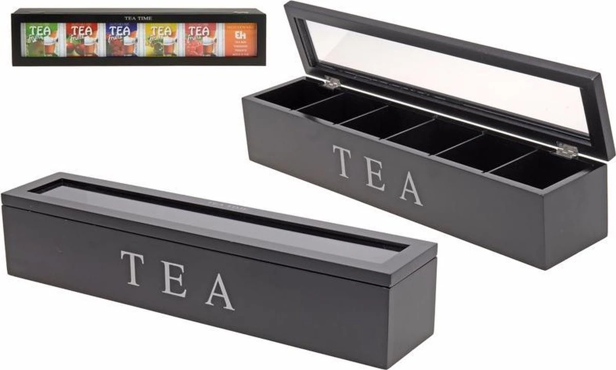 Merkloos 6 Vaks Theedoos - Zwart - 43 Cm