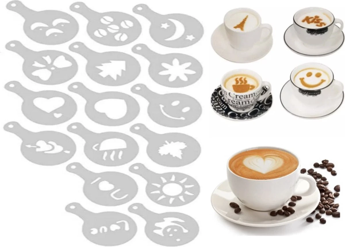 Koffie Figuurtjes Maker - Latte Art - Cacao Vormpjes - 16 Verschillende Houders - Cappuccino - Latte Macchiato - Hartjes Maker 3 Koffie Figuurtjes Maker - Latte Art - Cacao Vormpjes - 16 Verschillende Houders - Cappuccino - Latte Macchiato - Hartjes Maker