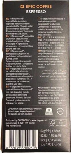 100 Capsules Epic Coffee - Espresso - Nespresso® Compatible Aluminium Capsules - RFA Keurmerk - Doos 100 Stuks -Koffie Kortings Winkel 556x1200