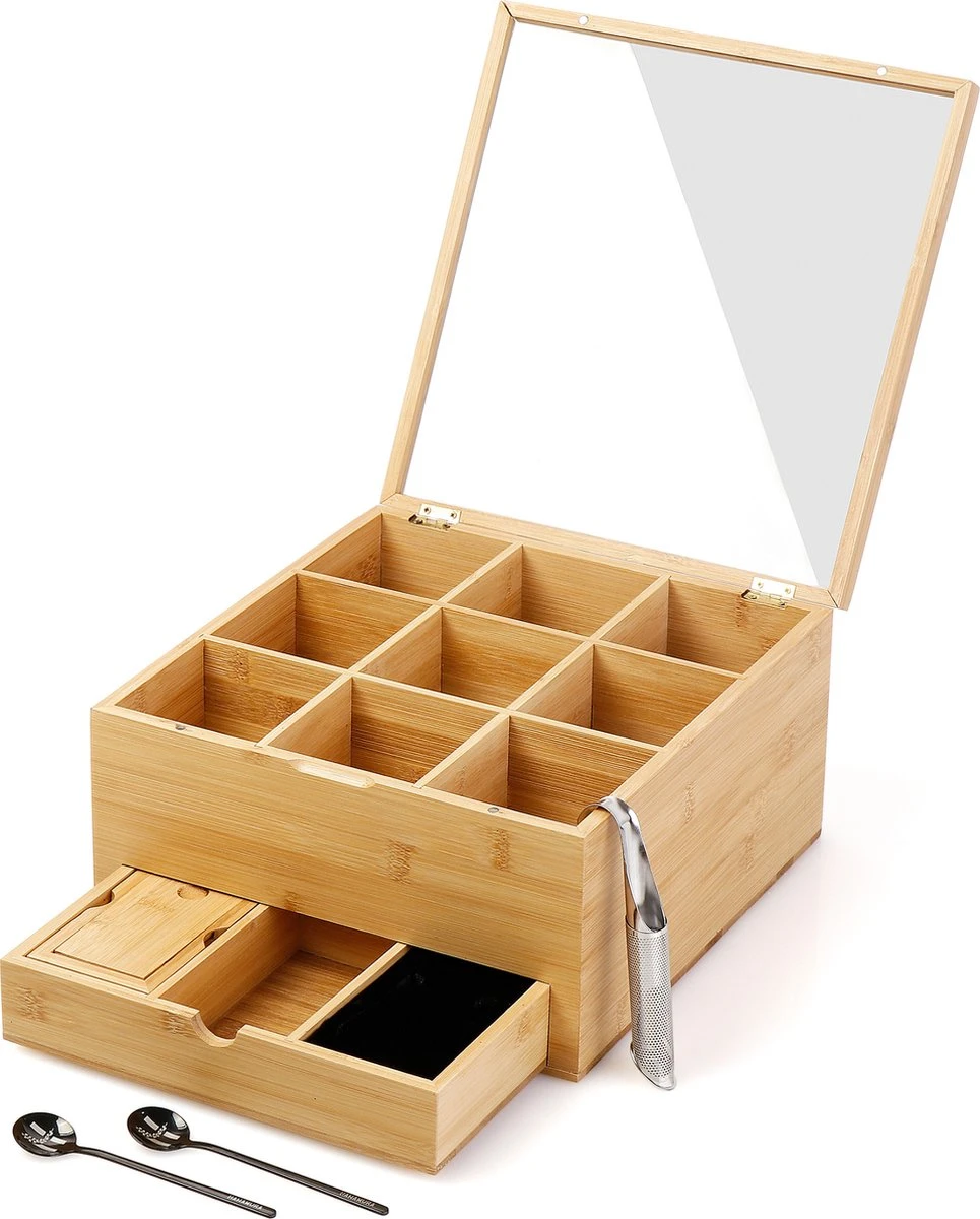 Hanamura Luxe Theedoos 9 Vaks – Lade Voor Losse Thee – Incl. Thee-ei, Theelepels, En Suikerdoos 3 Hanamura Luxe Theedoos 9 Vaks – Lade Voor Losse Thee – Incl. Thee-ei, Theelepels, En Suikerdoos