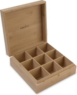 Theedoos Van ZENZYTEA® - Bamboe - Theedoos 9 Vaks - Inclusief 3 Theeblikken Voor Losse Thee - Geschikt Voor Grote & Kleine Theezakjes - Vierkant - Grote Vakken - Luxe Verpakking - Cadeau -Koffie Kortings Winkel 975x1200